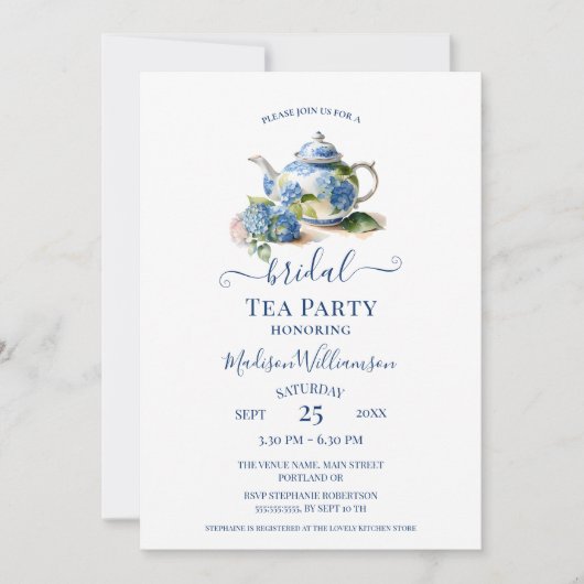 Invitation Blue Hydrangea Bride Tea Party Code QR (Devant)