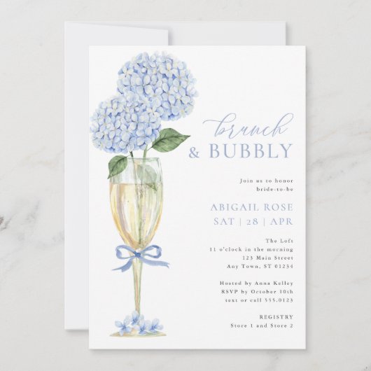 Invitation Blue Hydrangea Brunch et Bubbly Champagne Glass (Devant)