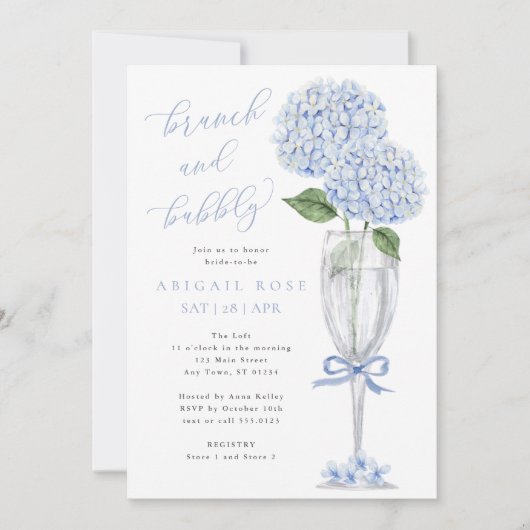 Invitation Blue Hydrangea Brunch et Bubbly Silver Champagne (Devant)