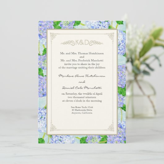 Invitation Blue Hydrangea dentelle Floral Formal Élégant Mari (Debout devant)