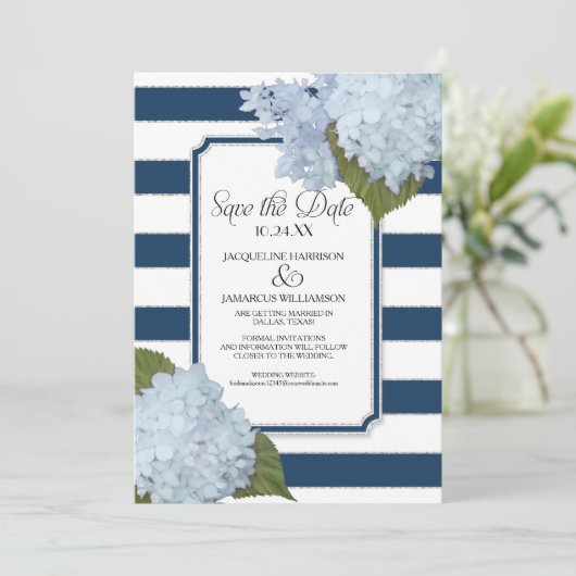 Invitation Blue Hydrangea Enregistrer la date Large striped F (Debout devant)