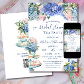 Invitation Blue Hydrangea Fête des mariées Tea Party QR code