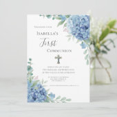 Invitation Blue Hydrangea First Communion Religious  (Debout devant)