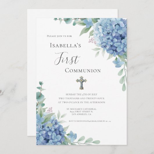 Invitation Blue Hydrangea First Communion Religious  (Devant / Derrière)
