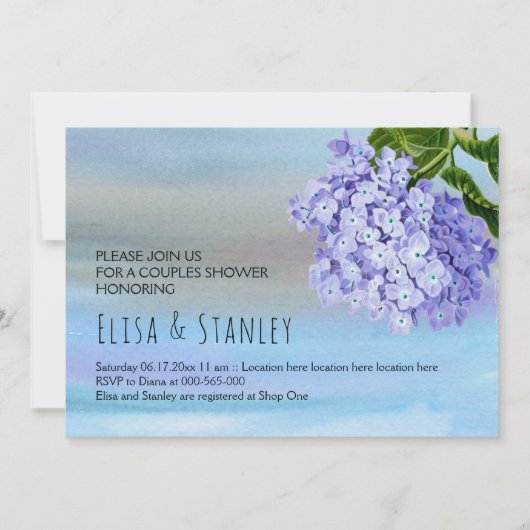Invitation Blue hydrangea fleuri mariage couples douche (Devant)