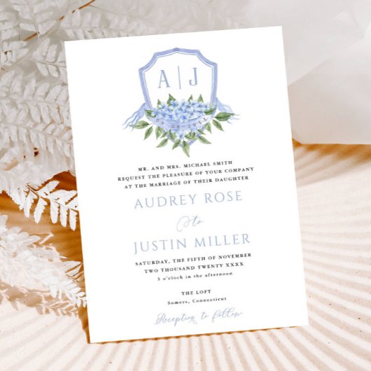 Invitation Blue Hydrangea Fleurs Aquarelle Crest Mariage