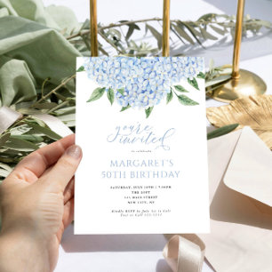 Invitation Blue Hydrangea Fleurs Calligraphie Anniversaire