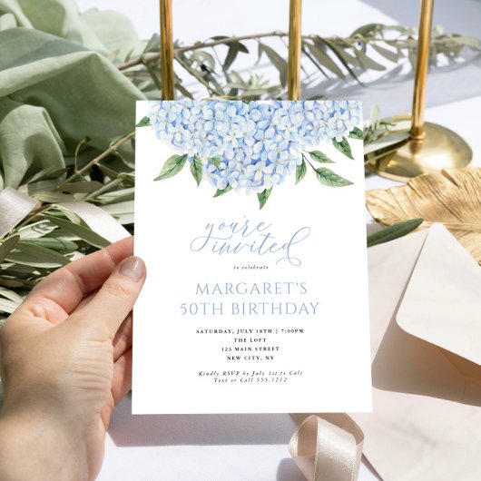Invitation Blue Hydrangea Fleurs Calligraphie Anniversaire
