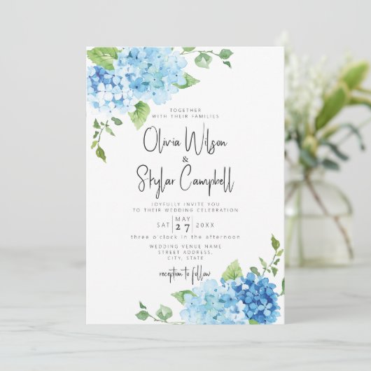 Invitation Blue Hydrangea Fleurs Pastel Baby Blue Mariage (Debout devant)