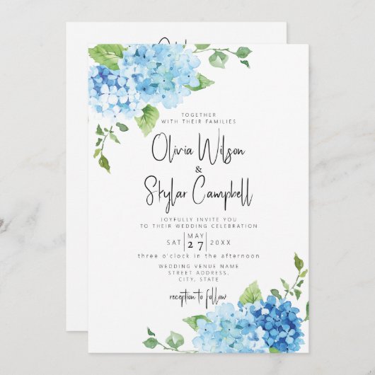 Invitation Blue Hydrangea Fleurs Pastel Baby Blue Mariage (Devant / Derrière)