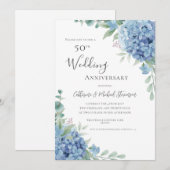 Invitation Blue Hydrangea Floral 50th Wedding Anniversary (Devant / Derrière)
