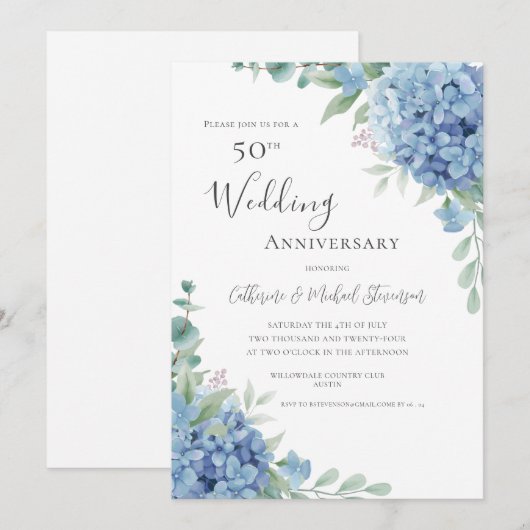 Invitation Blue Hydrangea Floral 50th Wedding Anniversary (Devant / Derrière)