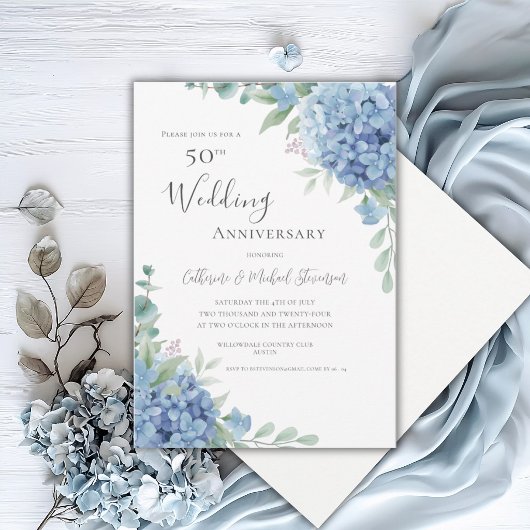 Invitation Blue Hydrangea Floral 50th Wedding Anniversary