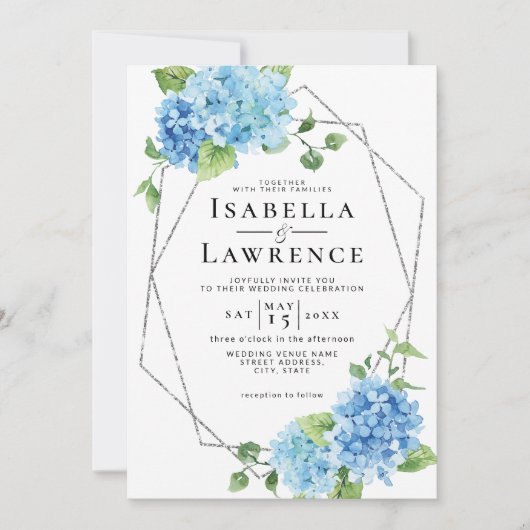 Invitation Blue Hydrangea Floral Argent Mariage élégant (Devant)