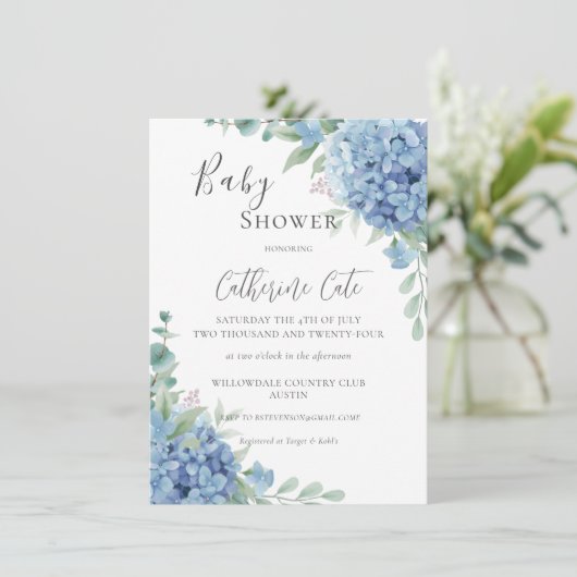 Invitation Blue Hydrangea Floral Baby Shower (Debout devant)