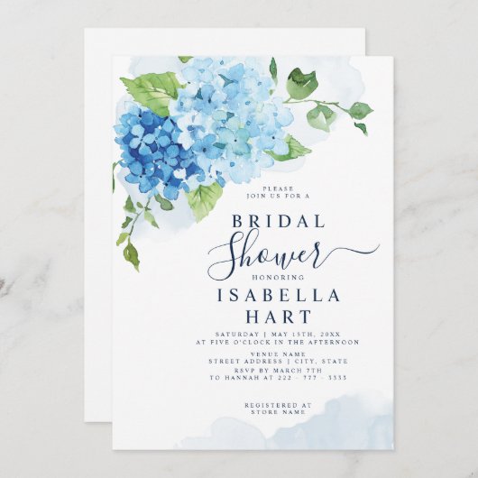 Invitation Blue Hydrangea Floral Boho Fête des mariées botani (Devant / Derrière)