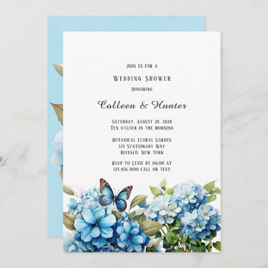 Invitation Blue Hydrangea Floral Butal Wedding shower (Devant / Derrière)