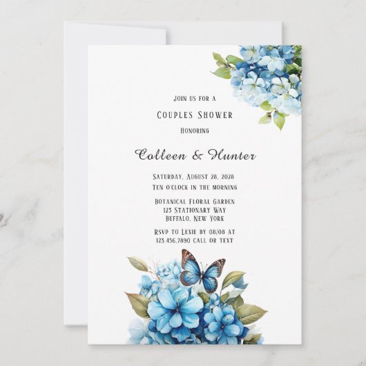 Invitation Blue Hydrangea Floral Butterfly Couples Douche (Devant)