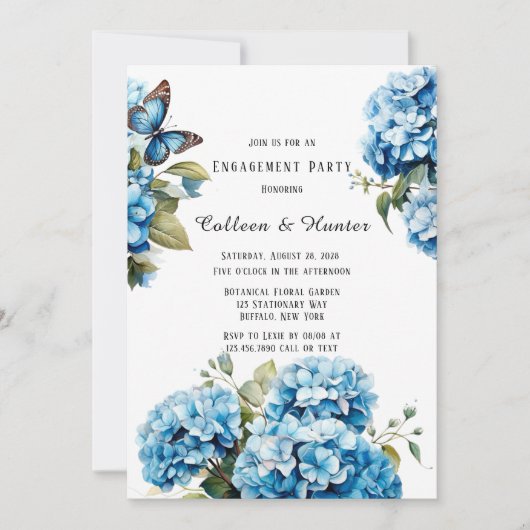 Invitation Blue Hydrangea Floral Butterfly Party (Devant)