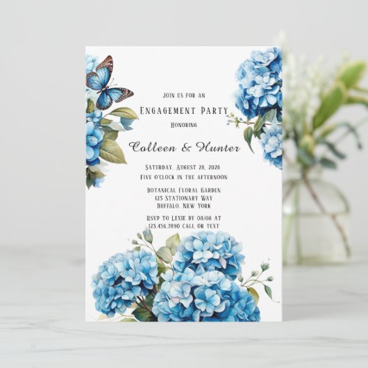 Invitation Blue Hydrangea Floral Butterfly Party (Debout devant)