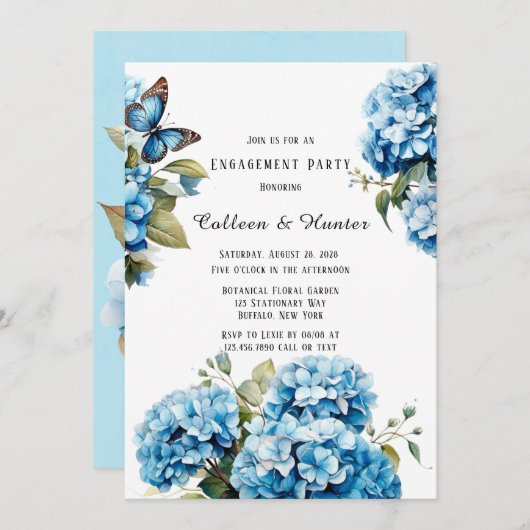 Invitation Blue Hydrangea Floral Butterfly Party (Devant / Derrière)