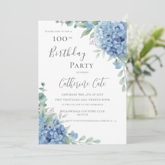 Invitation Blue Hydrangea Floral Elegant 100th Birthday (Debout devant)