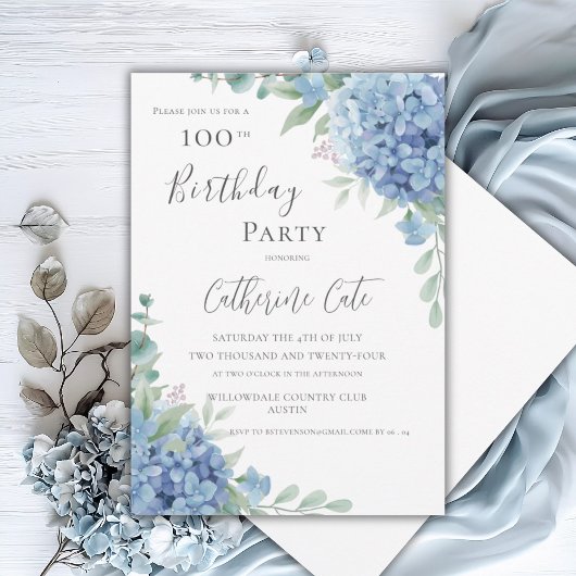 Invitation Blue Hydrangea Floral Elegant 100th Birthday