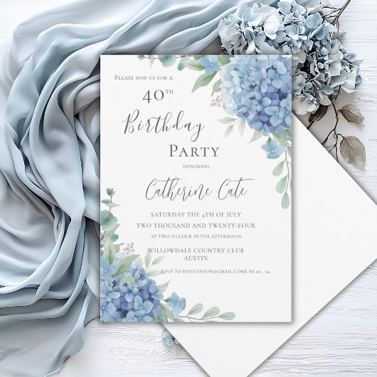 Invitation Blue Hydrangea Floral Elegant 40th Birthday