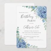 Invitation Blue Hydrangea Floral Elegant Birthday (Devant / Derrière)