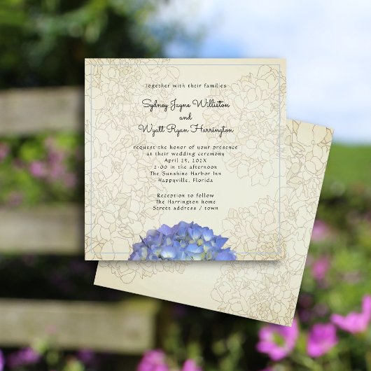 Invitation Blue Hydrangea Floral Graphic Sepia Carré