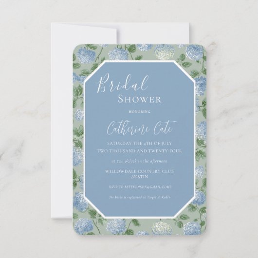 Invitation Blue Hydrangea Floral Green Bridal Shower (Devant)