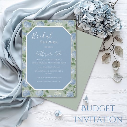 Invitation Blue Hydrangea Floral Green Bridal Shower