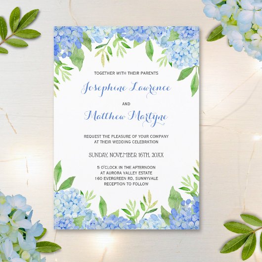 Invitation Blue Hydrangea Floral Greenery Mariage