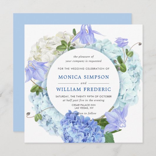 Invitation Blue Hydrangea Floral Greenery Mariage d'aquarelle (Devant / Derrière)