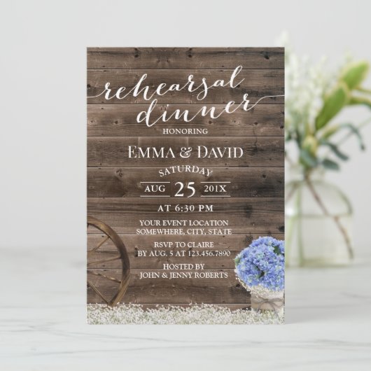 Invitation Blue Hydrangea Floral Jar Dîner de répétition rust (Debout devant)