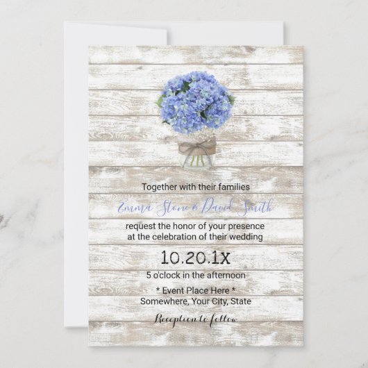 Invitation Blue Hydrangea Floral Jar Mariage en bois rustique (Devant)