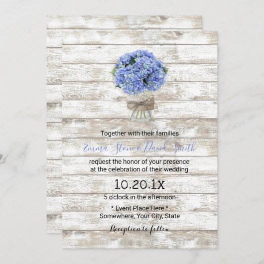 Invitation Blue Hydrangea Floral Jar Mariage en bois rustique (Devant / Derrière)
