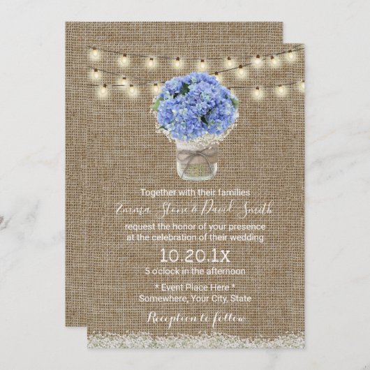 Invitation Blue Hydrangea Floral Jar Rustique Burlap Mariage (Devant / Derrière)
