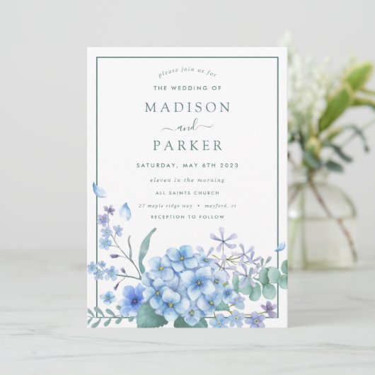 Invitation Blue Hydrangea Floral Mariage (Debout devant)