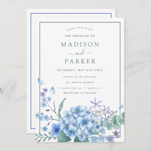 Invitation Blue Hydrangea Floral Mariage (Devant / Derrière)