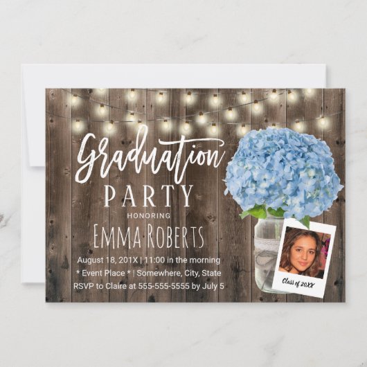 Invitation Blue Hydrangea Floral Rustic Wood Photo Graduation (Devant)