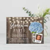 Invitation Blue Hydrangea Floral Rustic Wood Photo Graduation (Debout devant)