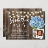 Invitation Blue Hydrangea Floral Rustic Wood Photo Graduation (Devant / Derrière)