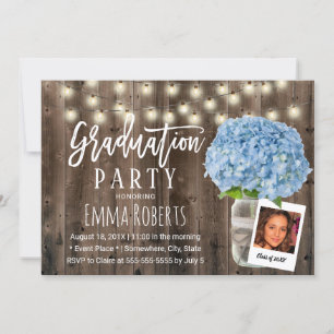 Invitation Blue Hydrangea Floral Rustic Wood Photo Graduation