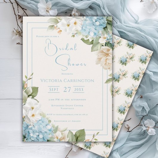 Invitation Blue Hydrangea Floral Watercolor Bridal Shower