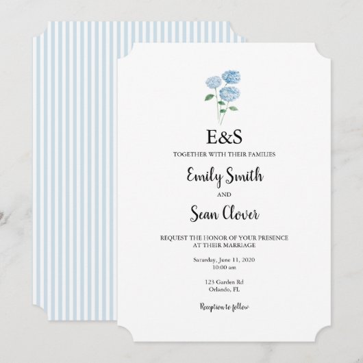 Invitation Blue Hydrangea Flower Wedding Monogram Blue Stripe (Devant / Derrière)