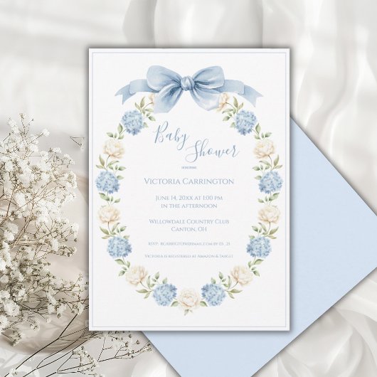 Invitation Blue Hydrangea Frame Elegant Bow Baby Shower 