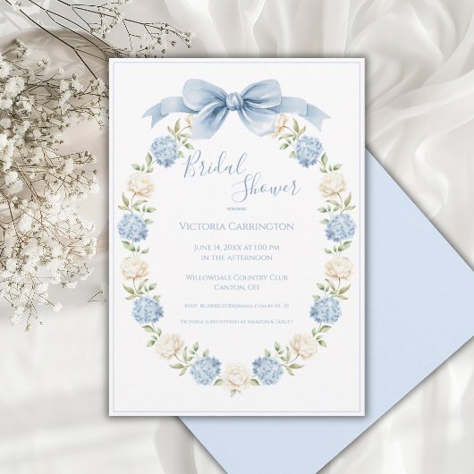 Invitation Blue Hydrangea Frame Elegant Bow Bridal Shower 