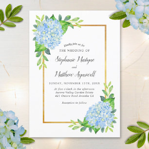 Invitation Blue Hydrangea Gold Bordure Mariage d'aquarelle