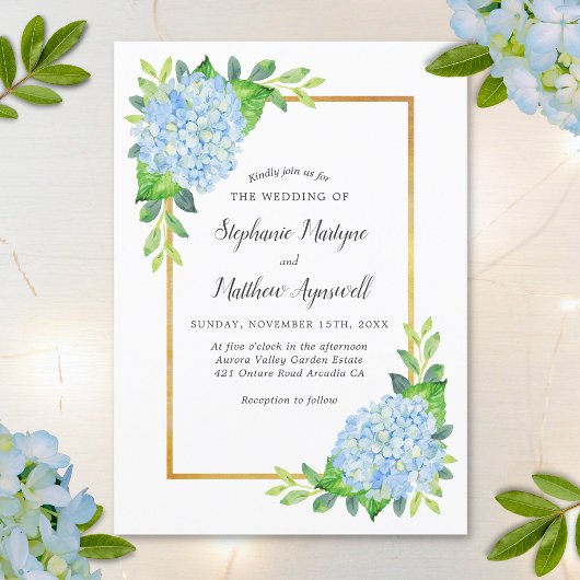 Invitation Blue Hydrangea Gold Bordure Mariage d'aquarelle